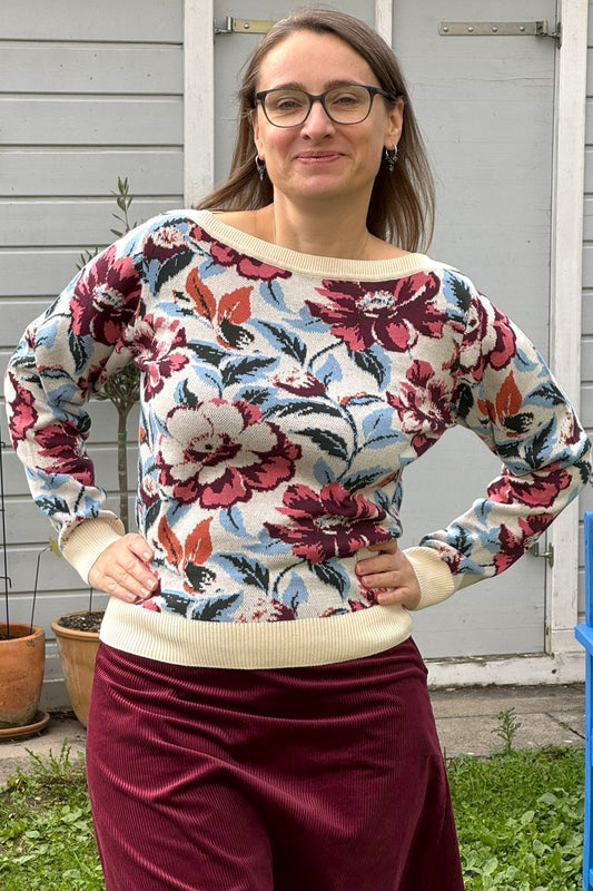 Strickpulli Romantic, Ivory - Pulli Blumenmuster in rosa blau weiß