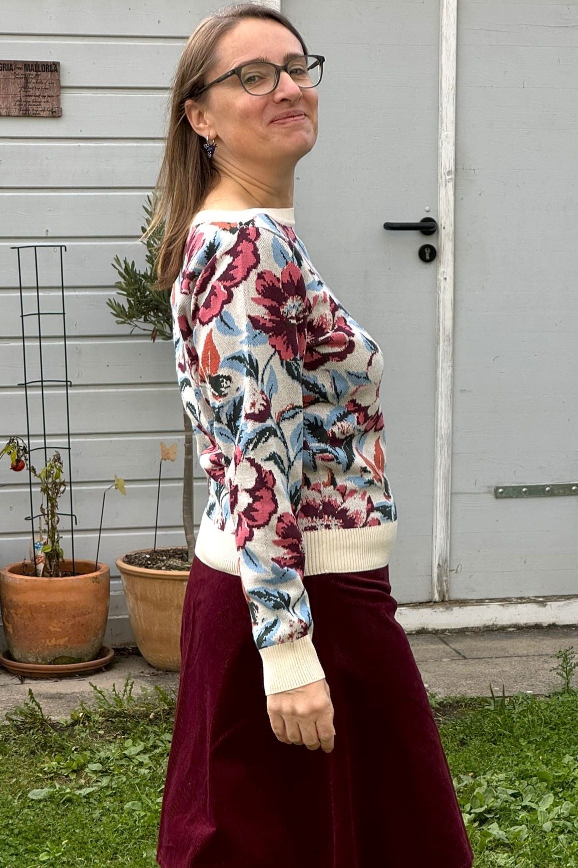 Strickpulli Romantic, Ivory - Pulli Blumenmuster in rosa blau weiß