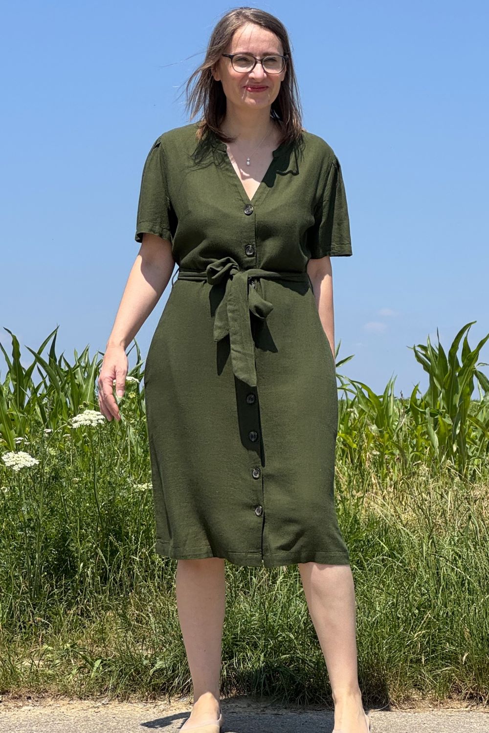 Kleid Button Through Linen Dress, Seaweed