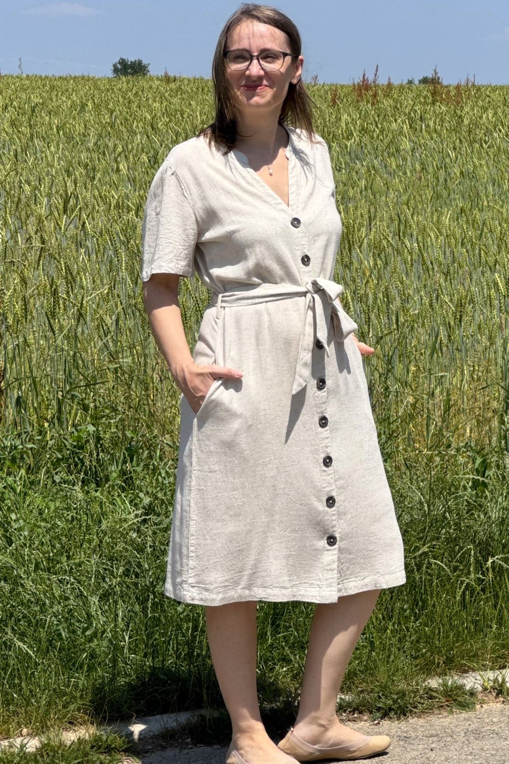 Kleid Button Through Linen Dress, Natural