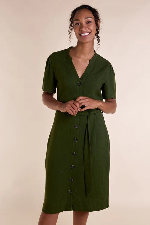 Kleid Button Through Linen Dress, Seaweed