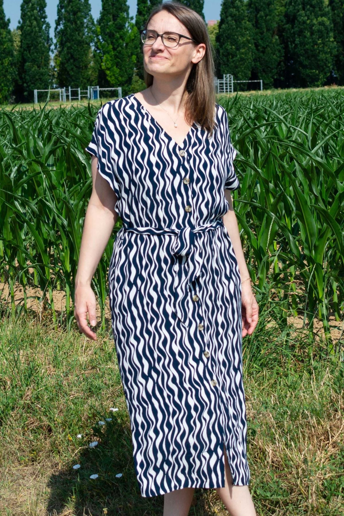 Midikleid Viskose V-Neck Shirt Dress, Navy/weiß