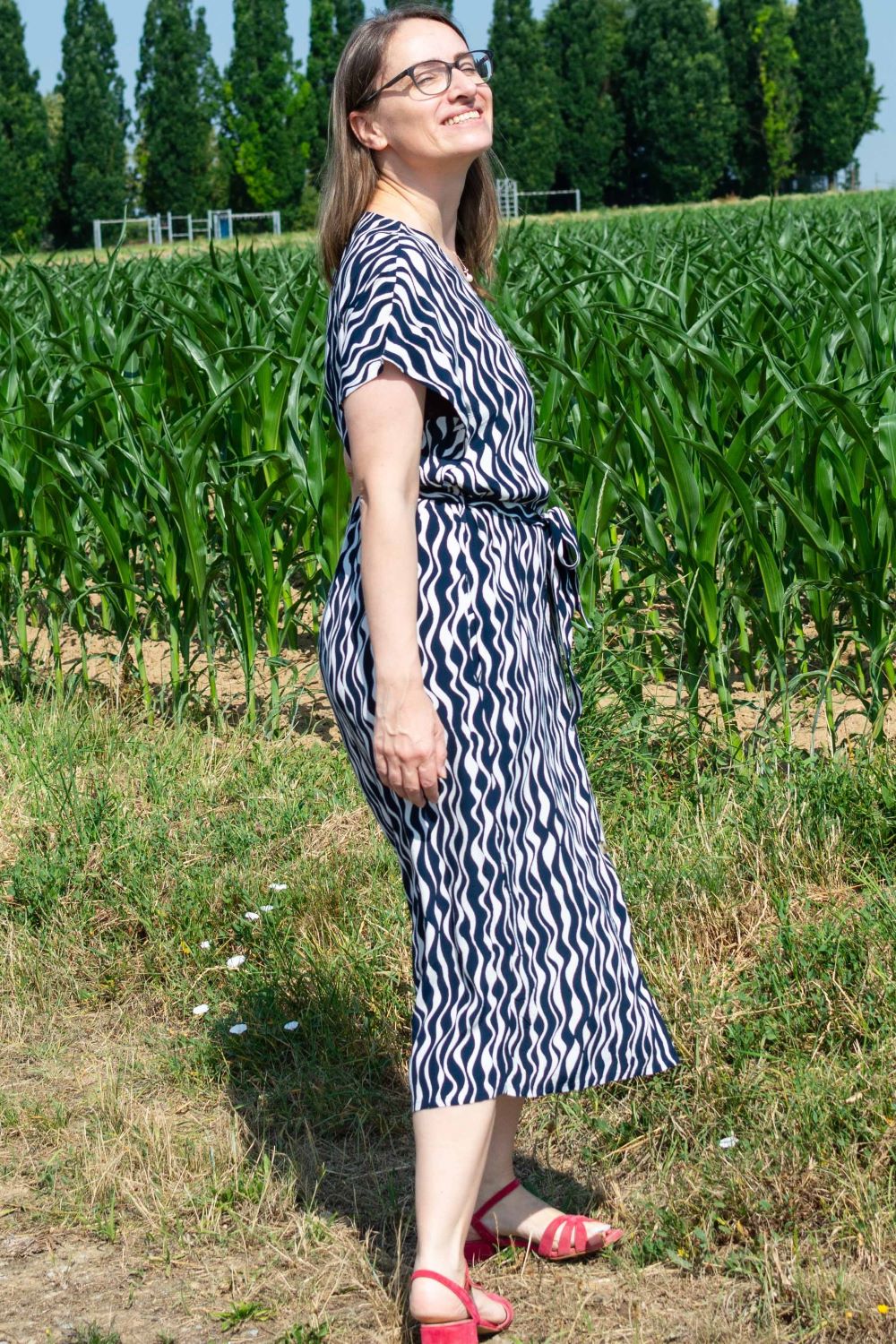 Midikleid Viskose V-Neck Shirt Dress, Navy/weiß