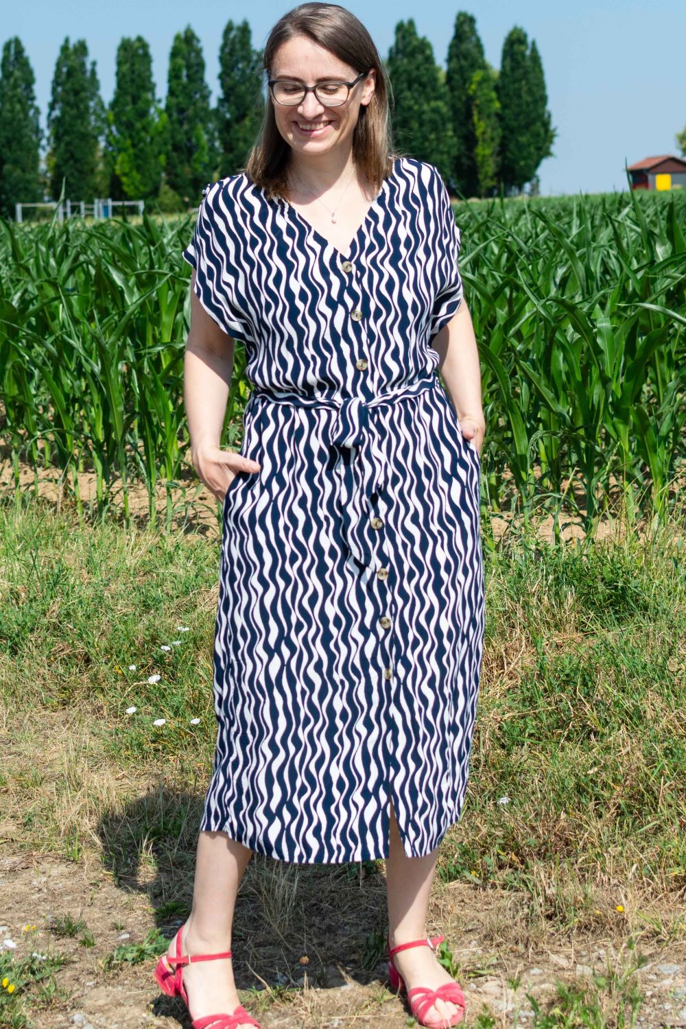 Midikleid Viskose V-Neck Shirt Dress, Navy/weiß
