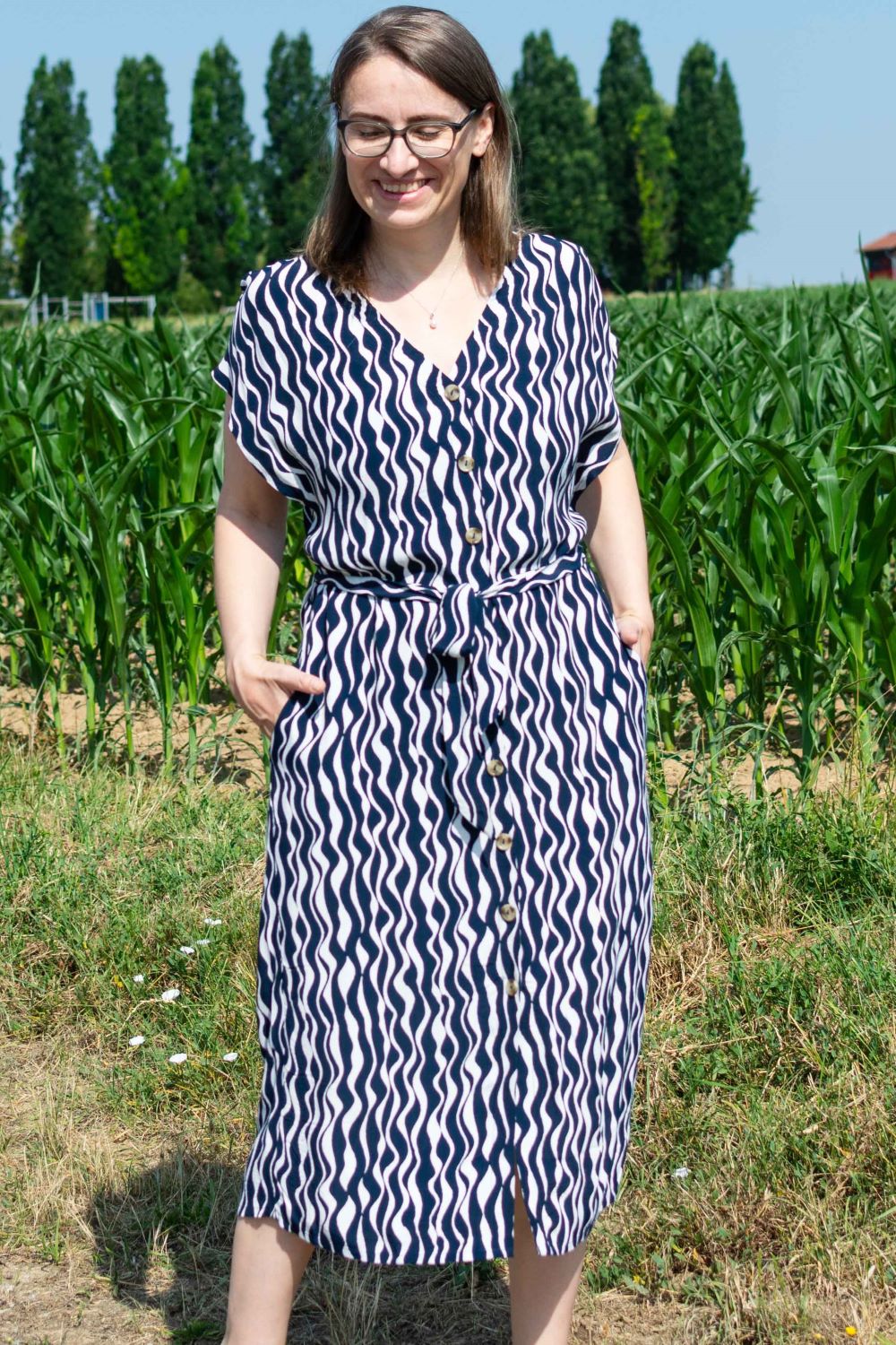 Midikleid Viskose V-Neck Shirt Dress, Navy/weiß