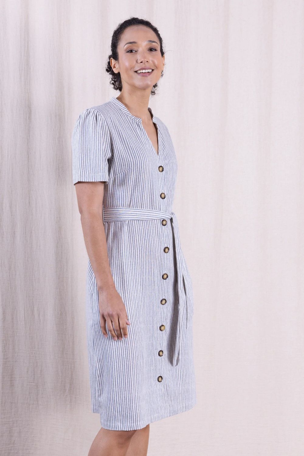Kleid Linen Blend Button Through Dress, Cornflower