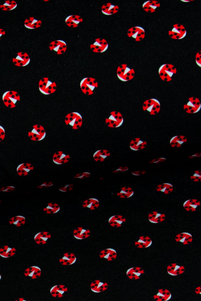 Jersey 'Ladybug Dots', Marienkäfer auf schwarz  (Preis pro halben Meter)